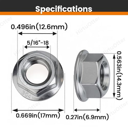 50 pcs 5/16"-18 Serrated Flange Hex Lock Nuts, 304 Stainless Steel 18-8 Full Thread Locknuts for Outdoor Furniture, Industrial Machinery, Automotive Repair & DIY Projects with Bright Finish - size: 5/16"-18