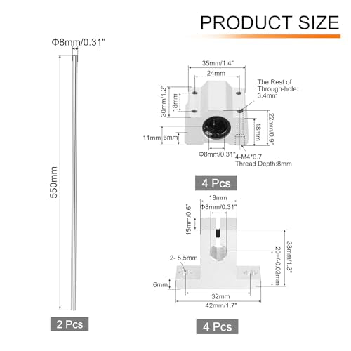 uxcell 2 Pcs 8mm x 550mm Linear Motion Rail Shaft Slide Guide with 4 Pcs SCS8UU Bearings and 4 Pcs SK8 Rail Support Linear Motion Rod Shaft Guide Set for CNC Machine 3D Printer, Silver - size: 550mm