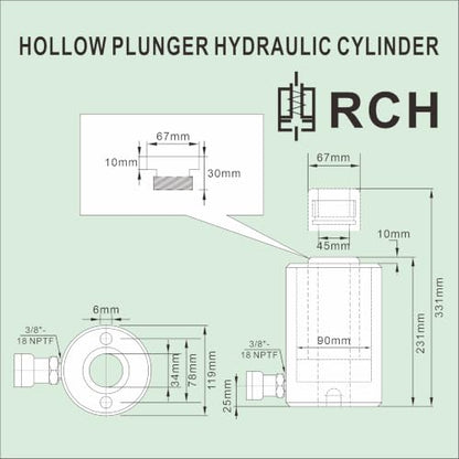 30T Hollow Hydraulic Cylinder Jack 4"(100mm) Stroke Hydraulic Ram - size: RCH-30100