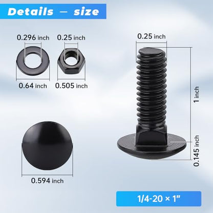 Glvaner (10 Sets) 1/4-20 x 1 Stainless Steel Carriage Bolts Screws Black and Hex Nuts & Flat Washers Black, Round Head Square Neck, 304 Stainless Steel 18-8, Full Thread Coverage - size: 1/4-20 x 1"