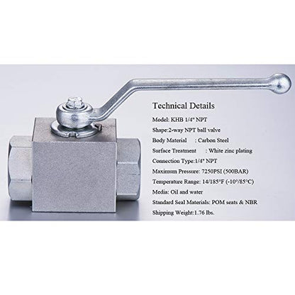 Taixinhyd Hydraulic 1/4''NPT 7250 PSI KHB High Pressure Ball Valve - size: 1/4 NPT, style: KHB
