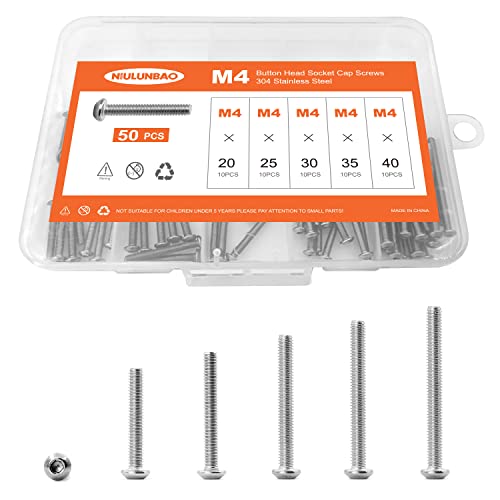 M4 x 20mm 25mm 30mm 35mm 40mm Button Head Socket Cap Screws Bolts, 304 Stainless Steel, Machine Fully Threaded, Metric Allen Hex Drive, Bright Finish, Assortment Kit 50PCS - size: M4 x 20/25/30/35/40mm (50PCS)