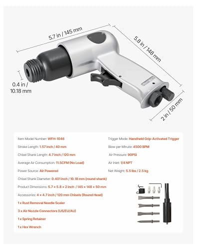 Air Hammer 4500 BPM Pneumatic Hammer Kit with Needle Scaler & 4 Chisels, Round Shank Air Chisel Tool for Metal Cutting, Concrete Demolition, Scraping
