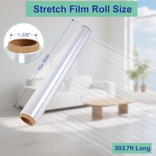 Stretch Film Roll,15IN Wide 393.7FT Long-60 Gauge Shrink Wrap Film,Self-Adhering Plastic Wrap Roll for Pallet Wrap, Furniture Wrapping Moving & Protection,300% Max Stretch,Clear - size: 15INx393.7FT