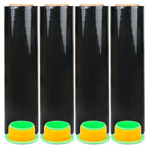 4 Pack Industrial Strength Black Stretch Wrap Film 18" x 1000 Ft 80 Gauge Thick with Plastic Handle, Durable Self-Adhering Heavy Duty Shrink Plastic Wraps for Pallets Moving & Packing - color: Black