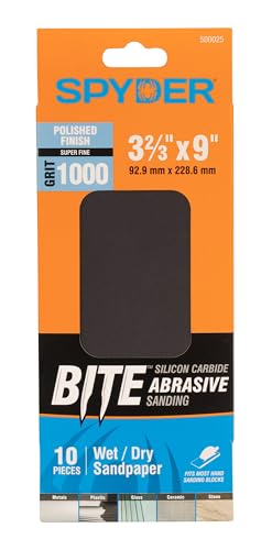 Spyder 10-Sheets Silicon Carbide 1000 Grit Sandpaper, 9 x 3-2/3 Inch, Wet Dry Abrasive for Metal, Plastic, Automotive, Stone, and More (500025) - style: 1000 Grit