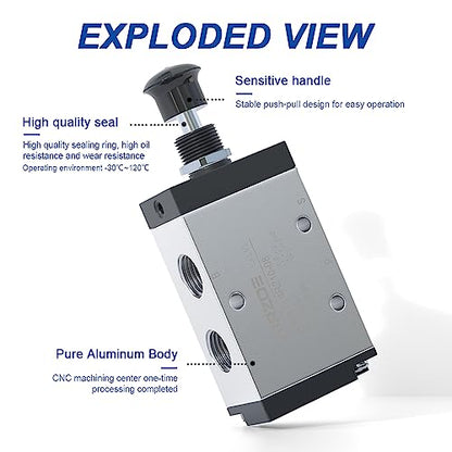 AIRZOE 1/4"NPT Pneumatic Solenoid Valve Manual Control Push-Pull, 2 Position 5 Way Hand Pull Air Valve, 4R210-08