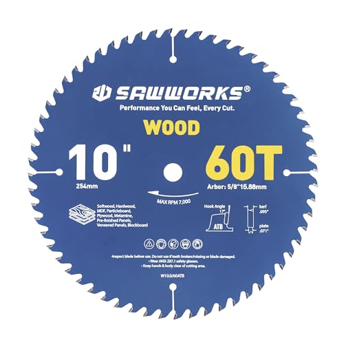 SawWorks 10 Inch 60T ATB Circular Saw Blade for Wood Cutting - size: 10" 60T, style: Wood