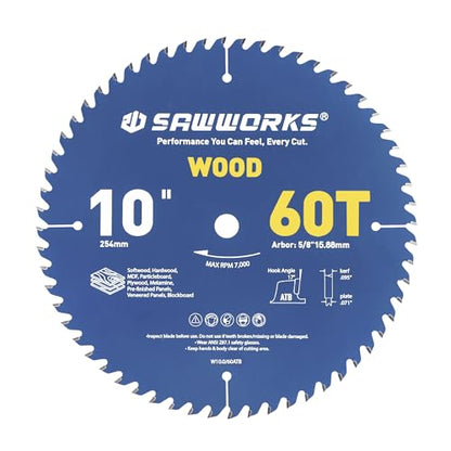 SawWorks 10 Inch 60T ATB Circular Saw Blade for Wood Cutting - size: 10" 60T, style: Wood
