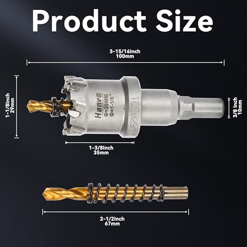Hole Saw 1-1/8" (29mm) Heavy Duty Carbide with 2 Pilot Drill Bits - Metal Hole Cutter Cuts Stainless Steel, Iron, Copper, Brass, Plastic - size: 29mm|1-1/8"