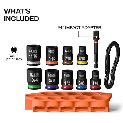 Klein Tools 33809 Grab-And-Go Impact Socket Set, SAE, 10-Piece Set with Sleeve, Carabiner, and 3/8-Inch Drive, Color-Coded 1/4, 5/16, 3/8, 7/16, 1/2, 9/16, 5/8, 11/16, and 3/4-Inch Sockets - style: 10-Piece SAE