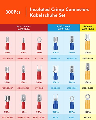 300PCS Wire Connectors Kit, Male and Female Spade Connectors, 17 Types Electrical Connector Kit 0.5-6.0mm², Insulated Terminal Connector, Includes Spade Ring Fork Wire Terminal - size: 300PCS