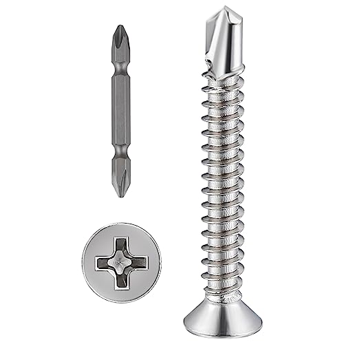 Wensilon（250pcs）#8×1-1/4”for Sheet Metal Self-Tapping Screws 410 Stainless Steel Flat Head High-Strength Quick self-Drilling Screws - color: Silver, size: #8X1-1/4"
