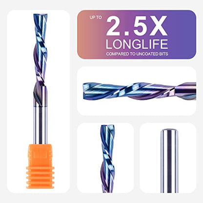 SpeTool 5PCS Down Cut Spiral Router Bits 1/4 Shank with Coating, 1-1/4 Inch Cutting Length 3 Inch OVL, CNC Router Bits for Wood Inlay Slot Mortise Cutting Carving Engraving - size: 1/4"Dia-1-1/4"CL, style: DOWN CUT
