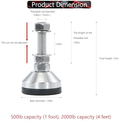 Heavy Duty 2000 lb Capacity Stainless Steel Adjustable Leveling Feet for Shelving,Machinery Devices, Workbench,Furniture,M12 Thread, 1.94inches Dia Base, Anti-Slip Nylon Pad - color: Black, size: B1.94in x M12 x H1.97in