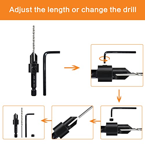 3 Pack Countersink Drill Bit Set #10#12#16, 3in1 Woodworking Counterbore Hole Saw Drill Bits, Depth Adjustable M2 Pilot Drill Bits, 82-Degree Chamfer, 1/4" Hex Shank, with 1 Allen Wrench - size: 3 Pack Countersink Drill Bits