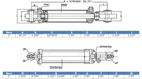 Tie-Rod Cylinder for Double Acting - Double Acting Hydraulic Cylinder, 2'' Bore, 20'' Stroke