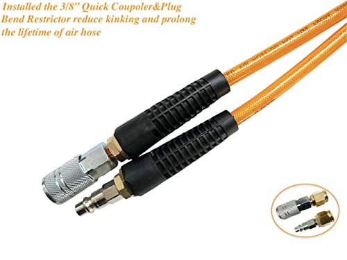 SANFU Polyurethane(PU) Reinforced 3/8”ID x 100ft, Air Hose, Non-kinking With 3/8” Reassembled Industrial High Flow Quick Coupler and Plug, Bend Restrictor, Transparent Orange(100’) - color: Orange, size: 100FT