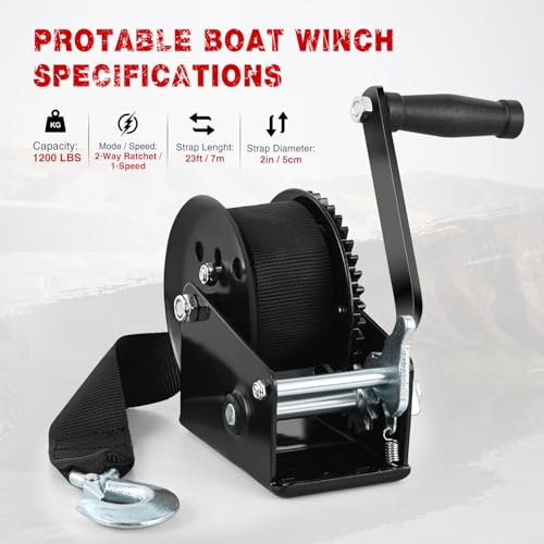 Nilight Boat Trailer Winch 1200 Lbs Hand Crank Winch Heavy Duty Boat Winches with 23Ft Strap Rope Hook 2-Way Ratchet 4:1 Gear Portable Marine Manual Winch for Trailers Boats RV ATV Jet Ski Towing - color: Black, size: 1200 lbs