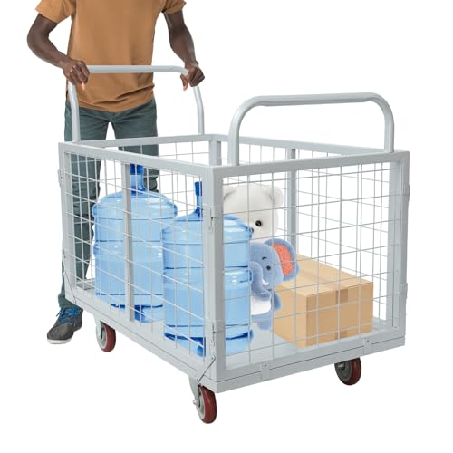 1800lbs Heavy Duty Platform Truck Cart, Steel Panel Truck, 4-in-1 Convertible, 38x23in Cage, Multi-Purpose Push Cart with Swivel & Brake Casters, for Groceries Garage Warehouse - color: Silver, size: 1800lbs
