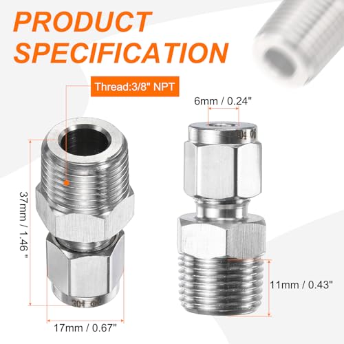 HARFINGTON 2pcs Compression Fitting 6mm Tube OD x 3/8" NPT Male Thread Stainless Steel Straight Coupler Adapter Compression Tube Pipe Fitting Connector for Oil Gas Water - size: 6mm OD x 3/8" NPT