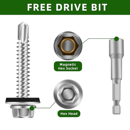 Mellewell #12 x 3 Self Drilling Metal Roofing Screws, Hex Head Sheet Metal Roof Screws with EPDM Washer, Hex Socket Included, 50 PCS - color: Silver, size: #12 x 3"