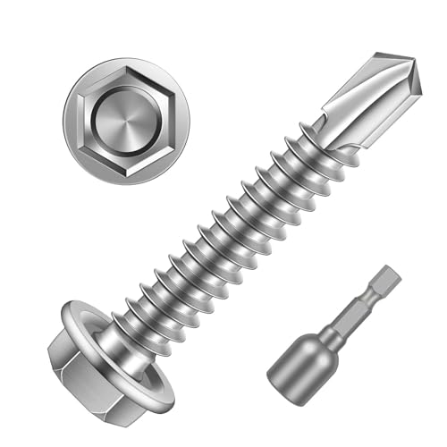 #14 x 1-1/2" Hex Washer Head Self Drilling Sheet Metal Screws with Drill Point, 410 Stainless Steel Self Tapping Screws for Metal, 50 PCS - color: Silver, size: #14 x 1-1/2"