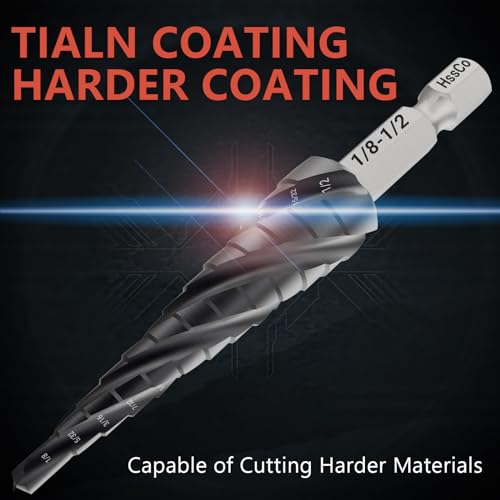 M35 Four Spiral Flute Cobalt Step Drill Bit, 1/8"-1/2", - size: M35 Cobalt 1 Piece (1/8"-1/2", 13 Steps)