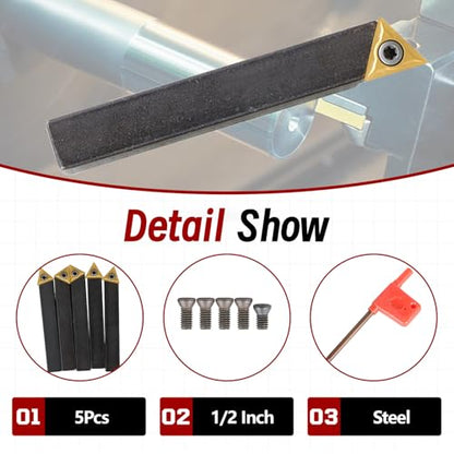 findmall 5Pcs 1/2 Inch Indexable Carbide Lathe Turning Tool Holder Metal Lathe Tools Inserts Bits with TCMT16T304 Carbide Inserts - size: 5Pcs 1/2"
