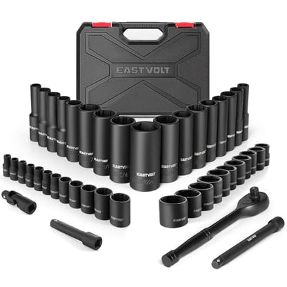 Eastvolt 46 Pieces Drive Socket Ratchet Wrench Set, Mechanic Tool Kits with 72 Teeth Reversible Ratchet, Extension Bar Set and Storage Case, Metric/SAE
