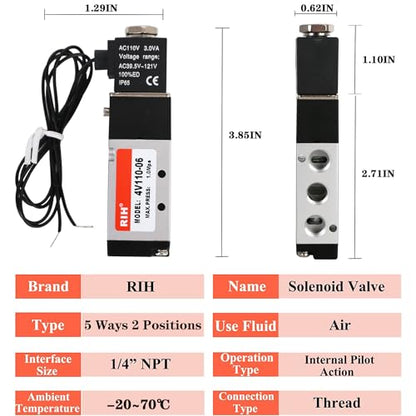 RIH Pneumatics Solenoid Valve 4V110-06 12V/24V/110V Series Single Coil Pilot-Operated Electric 2 Position 5 Way Connection Type (AC110V/Out of line, 1/8"NPT) - size: AC110V/Out of line, style: 1/8"NPT