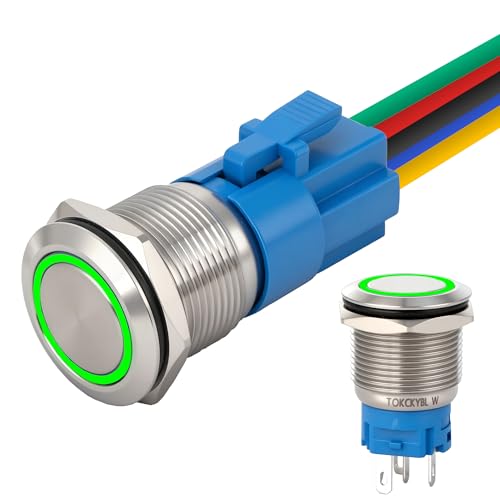 19mm Latching Push Button Switch 12V DC, IP65 Waterproof - color: Silver Stainless Shell Green, size: 19mm