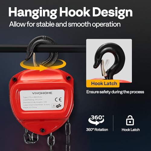 VIVOHOME Chain Hoist 2 Ton 10ft Red, Mini Chain Hoist 4400Lbs, Heavy Duty Pulley Hoist with G80 Manganese Steel Chain, Manual Chain Fall for Garages, Warehouses, and Automotive Tasks