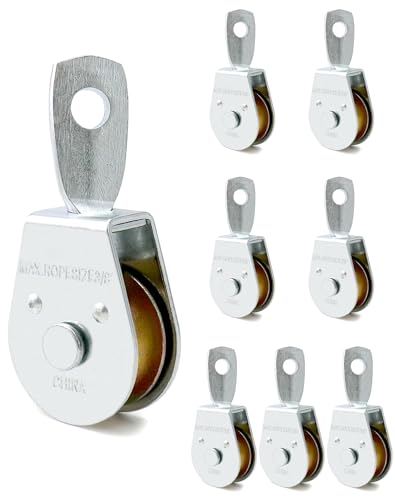 QWORK Single Pulley Block Wheel, 8 Pack Heavy Duty Zinc Plated Iron Single Wheel, 360 Degree Swivel Lifting Rope Pulley Block, Load Capacity 420 Lbs