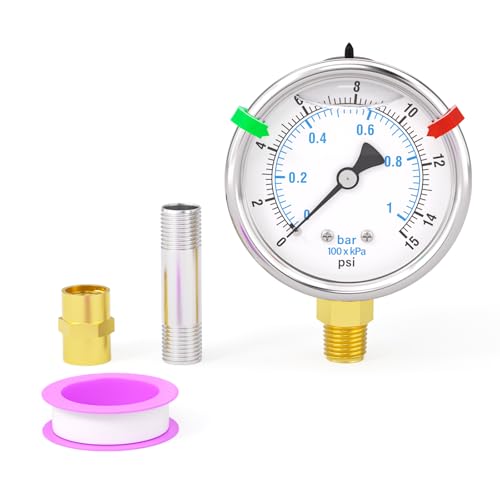 0-15PSI Heater Heavy Liquid Filled Pressure Gauge Kit, 2.5" Stainless Steel Dial Size, 1/4" NPT Lower Mount, for Low Pressure Portable Oil Fired Heaters (with Range Mark Pointer) - size: 0-15PSI
