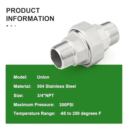TAISHER 1PCS 304 Stainless Steel Union, 3/4" NPT Male x 3/4" NPT Male Cast Pipe Fitting - size: 3/4" MNPT
