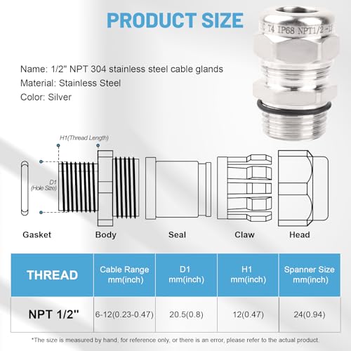 NPT 1/2" Stainless Steel Waterproof Cable Gland IP68, Adjustable 6-12mm - style: NPT 1/2"