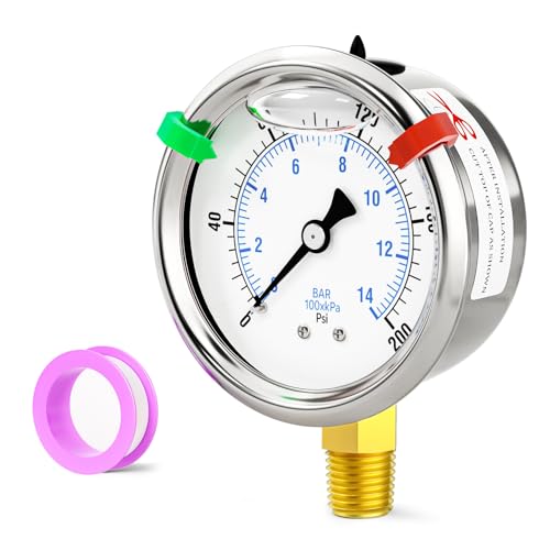 0-200psi Stainless Steel 1/4" NPT 2.5" Dial, Glycerin Liquid Filled Pressure Gauge Lower Mount Designed for Pressure Testing of Water, Oil and Air (with Range Mark Pointer) - size: 0-200Psi