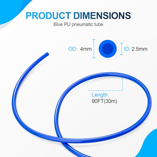 Blue PU Air Hose, 4mm OD 2.5mm ID, 90FT - color: Blue, size: 4mm OD x 90FT