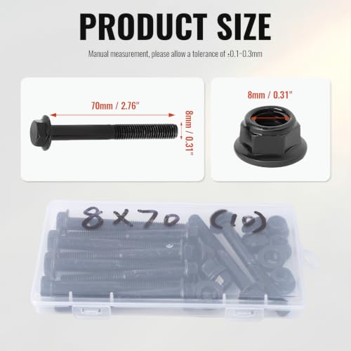 Minho M8-1.25 x 70mm Flange Head Bolts in Carbon Steel Material,Flange Hexagon Screws Come with Flange Nuts,Black Oxide Finish Plated,Partial Thread, 10 Sets - size: M8-1.25*70