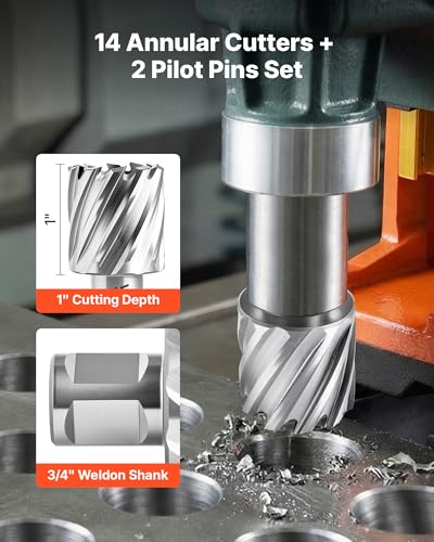VEVOR Annular Cutter Set, 16 pcs Weldon Shank Mag Drill Bits Kit, 1" Cutting Depth, 7/16" to 1-3/8" Cutting Diameter, HSS, 14 Drill Bits with 2 Pilot Pins, Plastic Case, for Magnetic Drills, Steel - size: 7/16" - 1-3/8" * 1"