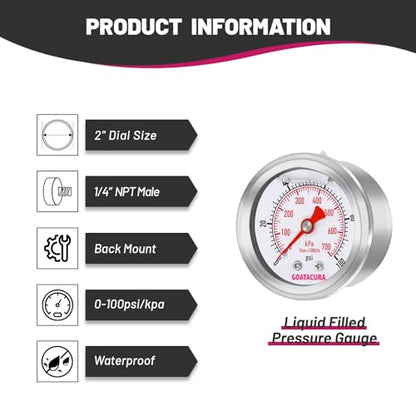 0-100psi/kpa Glycerin Filled Pressure Gauge, 2" Dial Size, 304 Stainless Steel Case, 1/4" NPT Center Back Mount, with High Accuracy, for Measuring Water Air Hydraulic Pressure - size: 0-100psi, style: Back Mount