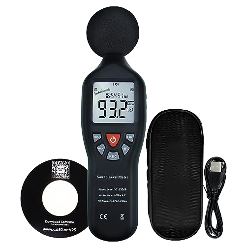 Decibel Meter Sound Level Meter Data Logger with CD Software Audio Decibel Noise Measure Tester 30 – 130 dB Audio Noise Measuring Range with Backlit LCD Display, Data Record Function