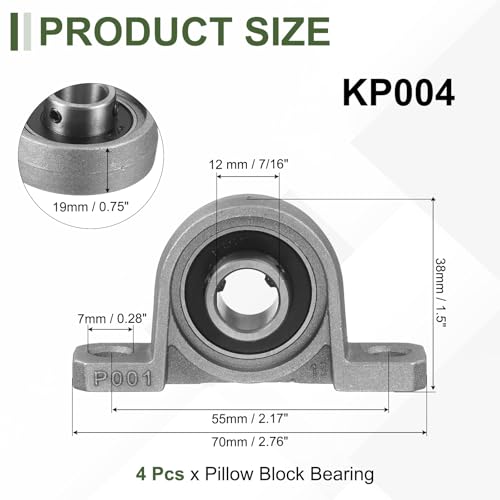 uxcell KP001 Pillow Block Bearing 7/16" (12mm) Zinc Alloy Steel 4Pcs - size: KP001 (7/16" Bore)