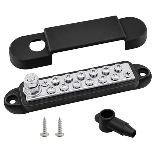 Ampper 1/4" Stud Power Distribution Block Bus Bar with 12 x #8 Screw, Black - color: Black, size: Plated Brass