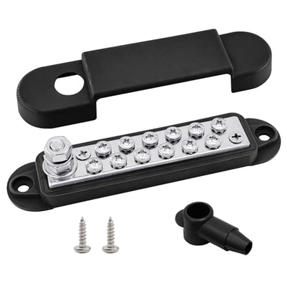 Ampper 1/4" Stud Power Distribution Block Bus Bar with 12 x #8 Screw, Black - color: Black, size: Plated Brass