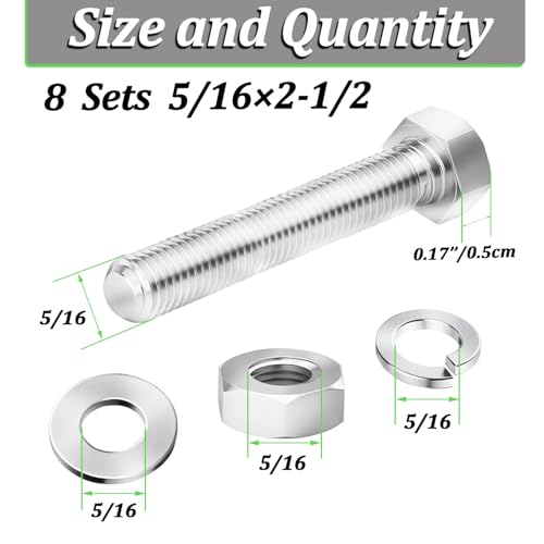 8 Sets 5/16-18 x 2-1/2" Stainless Steel Hex Head Screws Bolts, Flat, Nuts & Lock Washers,Hex Bolts 18-8(304) Full Thread - color: Silver-hex, size: 5/16x2-1/2"(8 sets)