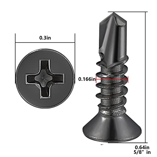 Wensilon（500pcs）#8×5/8”for Sheet Metal Self-Tapping Screws 410 Black Stainless Steel Flat Head High-Strength Quick self-Drilling Screws - color: Black, size: #8X5/8"