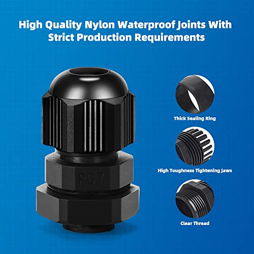 Cable Gland 20 Pack Plastic Waterproof Adjustable Connector 3-7mm PG7 Strain Relief Cord Connectors Joints Nylon with Gaskets - size: PG7(20-pack)