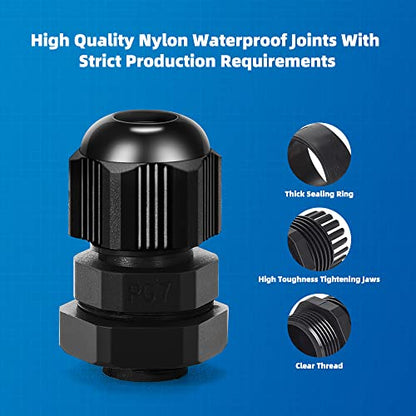 Cable Gland 20 Pack Plastic Waterproof Adjustable Connector 3-7mm PG7 Strain Relief Cord Connectors Joints Nylon with Gaskets - size: PG7(20-pack)